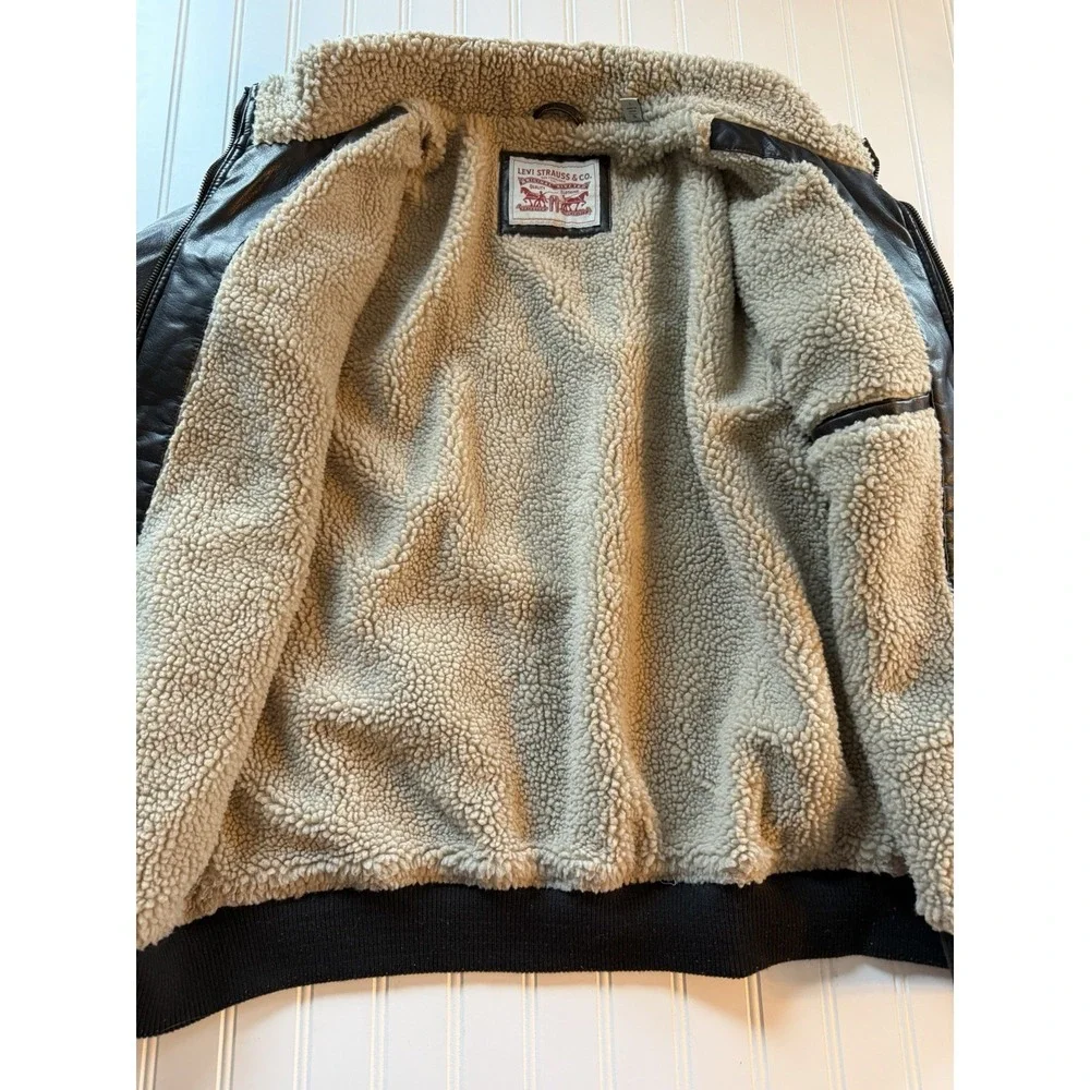 Levi's Faux Leather Aviator Bomber Jacket Sherpa Lined Brown‎ Men's L